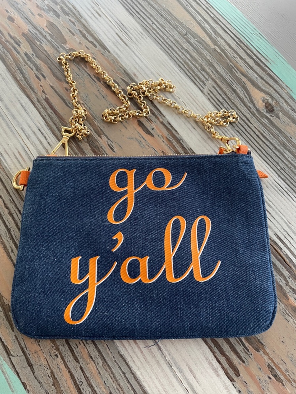 Draper James Sports Theme Crossbody - Denim/Orange/White with Goldtone Chain